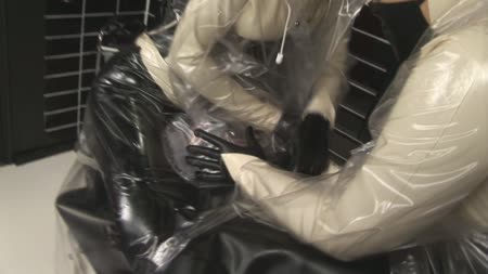 Plastic Coat Smother Torment - As requested by the jurors, the wardens bring out the plastic coats and set about smothering his worthless life. Bound to the bed in a heavy rubber sack and unable to move warden 819 and 205 set about removing his ability to breathe.