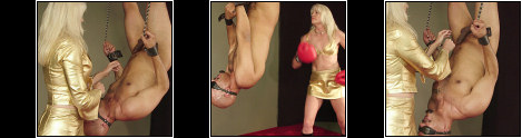 Mistresses Punch Bag -  upside down her is used as a human punch bag by this stunning blonde mistress.