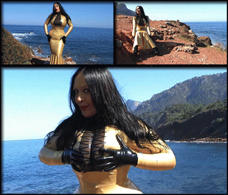 Spritz Mein Latex Oberteil Voll - Heute siehst du mich in einen fantastischen, goldenen latex-outfit mit einen verzaubernden transparenten ausschnitt, den du lieben wirst. Ich war ganz in latex gehllt am meer von mallorca unterwegs und habe die sonne sehr genossen ... Aber was ich noch viel mehr genossen habe, war ein notgeiler schwanz, der abgeblasen werden wollte .... In meinen traumhafen latex-kleid knie ich zu boden und lutsche einen typen den gierigen schwanz leer und blase was das zeug hlt :-) dann schoss mir die fick-sahne auf meinen transparenten ausschnitt ... Was fr eine sauerei :-)