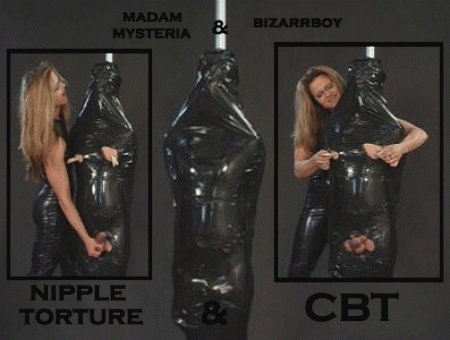 Nipple   Cbt - Madam mysteria wrapped bizarrboy's body in black cling film.Then she made little holes for his nipples...His cock...His balls...******* Can begin!
