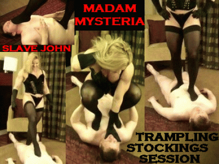 Trampling Stockings Session - Madam mysteria tramples her slave john in black stockings,slaps his face and squeezes his balls..../ Hd