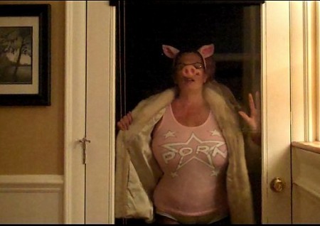 Slave Cj Takes Walk Of Shame - Slave cj dressed as the pig she is takes a walk around the house at night. As she walks around she trips the security lights and when she gets to a door her master refuses to let her in until she flashes her tits. Note the porn star shirt!!!!