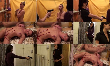 Murderers in the shower - The nude Crista is riddled by bullets in the shower. One of her killers, Gabrielle gets also a bullet in her belly.