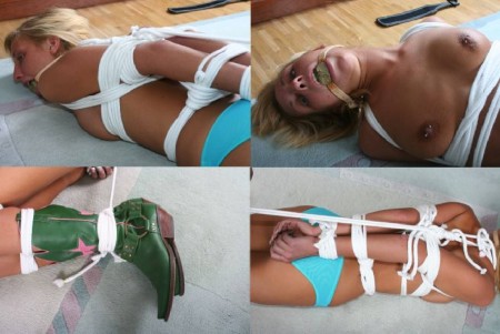 Sexy girls in ropes and cuffs with big gags - Tight Hogtied