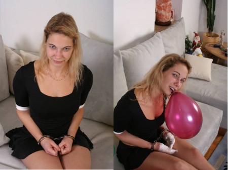 Kitchen Tie - Handcuffs, fingers tied up with tape, ellbows with rope and feet with rope too. So she has to try to transport balloons from one point to another..