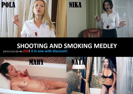 SMOKING KILLS MEDLEY - Starring: Pola, Nika, Mary, Nata

Fetish elements:
Shooting Stabbings Last smoke before death Smoking cigarettes
Searching for the flash card, touching and stripping dead body
Shooting to the chest, dying in the bath, full nude, smoking girls, dying girl with cigarette, agony, death stare, long death from shooting, silencer gun
The room where crime woman is hidden. She is sitting at her PC and she is searching at the google map location where her organization is going to hit. She is going to the window and she is smoking a cigarette.
We show the killer who takes her photo and sees her location in his devise. He shoots her to the chest when she is smoking cigarette. When she is falling, the smoke comes out of her mouth. The cigarette is still is her hand. She is still alive.
Killer sits down near her and asks some questions about the organization. She answers, coughing. The killer takes a cigarette and gives her to the mouth to let her do some tightening with smoke. She dies with opened eyes and mouth and clods of smoke are still near her face. Killer puts the cigarette to her mouth and goes away.

LAST SMOKE 2

Lady boss is too rude with her employee. He decides to kill bossy bitch. She is smoking a sigarette during her death. The smoke is going out her wounded belly.
LAST SMOKE 3
Plot
Lusty sexy spy had a hard day in her dirty work. Now she can relax in the bath with a cigarette. But killer surprises her in her bath  - where shes so helpless, so nude and wet. Its her private territory  - she cant do anything to save her life. He is quickly as an animal. Silencer noise  and hard pain in her chest! Shot but not dead yet. She is in deadly agony. Killer hates when girls smoke. He decides to have fun with her bad habit and suggests her have her last cigarette while shes dying!
LAST SMOKE 4

Starring: Nata
Woman  was smoking a cigarette near the window and gets a bullet from the sniper.