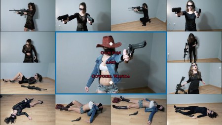 Gun fun and Cowgirl Wanda - 19 minutes long gun fun video.

21 death scenes in this long video.

5 head shots, many heart shots, belly shots, chest shots

2 heart attacks in this one. (one longer, one short)

There are fast kill, very fast kills, slow kills and very slow kills.