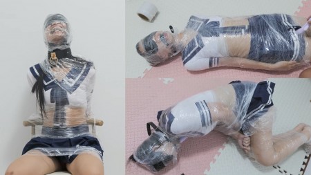 Xiaomeng Cling Film Mummified Breathplay - Mummification for the third time. Cling film was used.
Xiaomeng was wearing a short sailor uniform and blindfolded. Most of her body was wrapped already with cling film, and she was also fixed on a chair by the film. There was only a slit above her nose, and the slit was covered soon by another film strap. Sealing, struggling, screaming  N.
I made the slit a little bigger to expose her mouth, put a ball gag in her mouth, and then covered her nose, mouth and the ball gag all together with cling film. Sealing, struggling, screaming  N.
After taking a break she changed her posture. Now she was lying on the floor, wrapped by the cling film from head to toe, therefore completely mummified. The ball gag was still in her mouth, and I covered her nose, mouth and the ball gag for several other rounds. Sealing, struggling, screaming  N.
At the end of the breathplay, I sealed Xiaomengs full face with black bondage tape on top of the cling film layer. The airtightness is much better than using only cling film, and naturally her struggle and scream escalated. At last, she even broke her forearms free, but still cannot reach her face, so I had to save her in time.
I know that breathless under cling film is really painful, so in order to distract Xiaomeng and to suppress her pain with pleasure, I applied a vibrator on her from time to time. However, I dont know if it really did its job as mentioned above, or it had opposite effects?