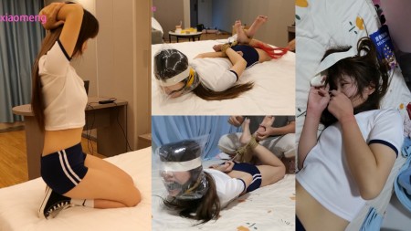 Xiaomeng Hogtied Bagged Whipped and Tickled - This is a custom video. Thanks to the customer who supplied us this great script.
Xiaomeng was wearing a Japanese-style gym suit sitting on the bed. Then she was blindfolded by white tape and hogtied by rope with her wrists and ankles crossed. The shoes and white socks were taken off and I can start to tickle her.  A ball gag was put in her mouth disabling her from speaking. A running vibrator was fixed to her thigh and stick to her private area, so that she can receive continuous stimulation. Is that good or bad for breathplay?
As preparation was finished, breathplay began. A plastic bag was put on her head and closed by yellow electrical tape. Now a new element has been added. I used a rope whip to whip her. The pain disturbed her breath, and her screaming and struggling also consumed more her precious oxygen. The first attempt was only a warming up, but she was already exhausted. In the second attempt I pushed her to the last moment, and she was shouting and struggling like crazy. I closed the bag for the third time, but she immediately called a halt, so I broke the bag and watched her struggling and crying in a hogtie.
To my surprise, on the next day Xiaomeng asked to do this again. OK, a similar setup was made on her, but this time after she was bagged, I kept on tickling her instead of whipping. OMG, she was not struggling like crazy. She was crazy! This is a must-see, and dont forget to lower the volume of your media player, otherwise :)