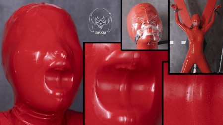 Xiaomeng Breathing Through Latex Pinholes - This video is inspired by SW (Twitter/X: @brplay_rubber).

I bought Xiaomeng a full-body red latex suit. The suit has a hood with mouth opening connected. This can prevent any potential air leakage around her neck. After she was fully dressed, the breathplay started.

In the first uncut scene, I put a red ball gag into her mouth, and sealed the entire mouth opening of the latex hood with film dressing pieces. This is so sexy. You can see through the transparent membrane, but no air can go through. The only tiny air path was along the slit formed between the film dressing and the ball gag belt. Her moans and screams never stopped. She also drooled a lot, and the water came out at once when the film dressing was removed.

In the second uncut scene, I put a separate red latex hood over the one from her latex suit. This is quite an exciting new item, because it has only ten insanely tiny pinholes for breathing, of which each has a size of only 0.1 mm. What can Xiaomeng do other than breathing harder and harder? The oxygen she consumed for inhaling air was even more than the amount she can inhale. Oxygen debt was built up and her situation was not sustainable. She had even no power to cry when the hood was finally removed.

In the next scenes, the games were repeated when Xiaomeng was locked on an X-cross. First with the ball gag and film dressing, and in addition a magic wand against her lower body, I think Xiaomeng enjoyed quite a good sexual stimulation while suffering the pains in her lungs. 

And finally, the pinhole hood was used again. Xiaomeng was already fully exhausted, and when her oxygen debt reached a certain level, she seemed to give up and let it go. She said afterwards that at that point she felt so dizzy and tired that she didnt want to move, struggle, or even breathe anymore. What a bizarre status!